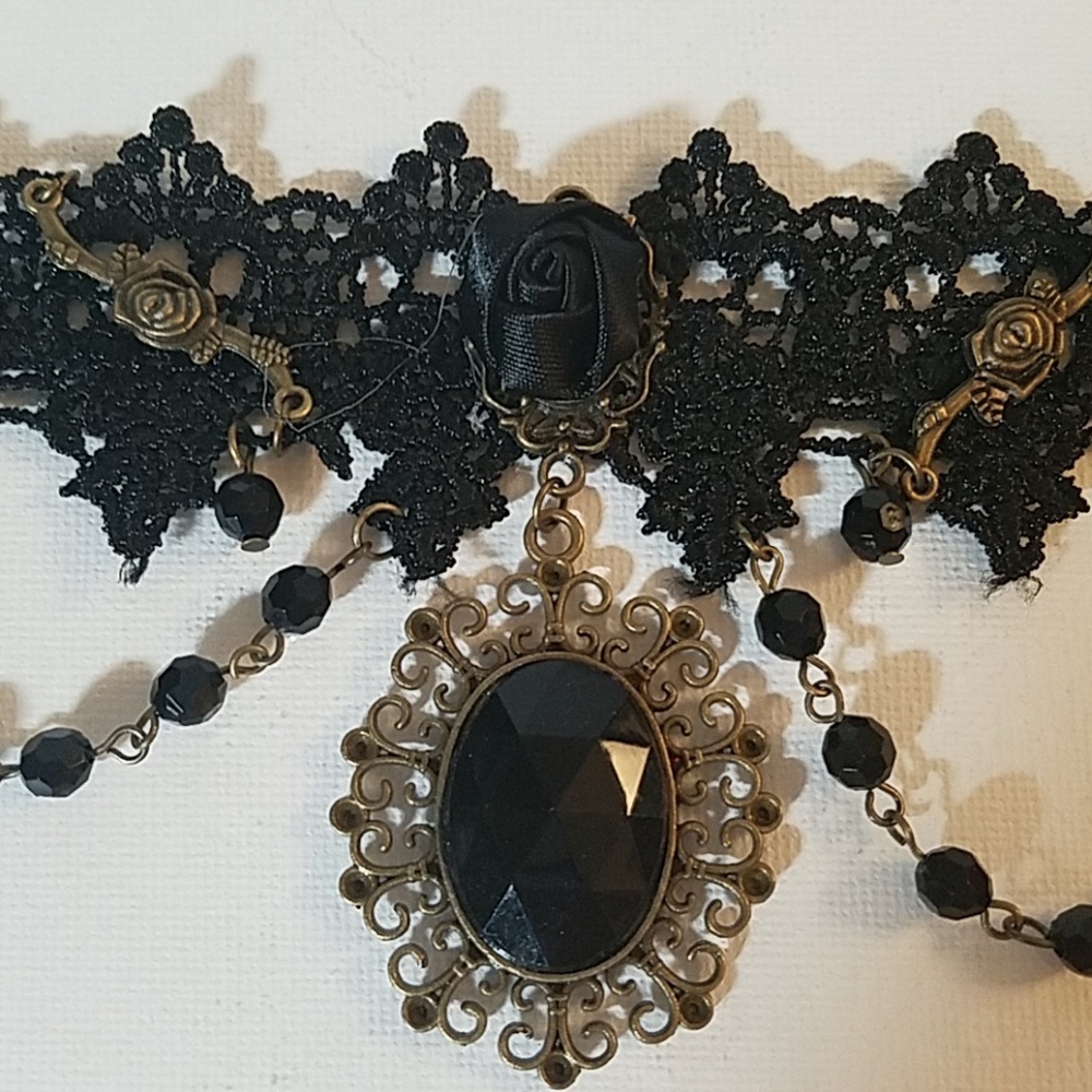 Black Beaded Satin Large Charm Choker 23" - Picture 5 of 8